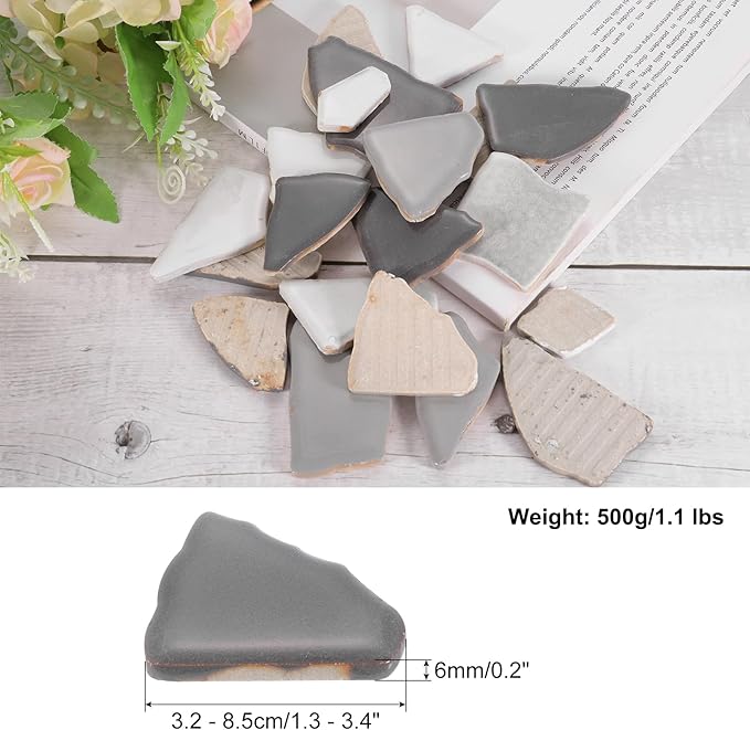 uxcell 500g/1.1LB Irregular Ceramics Mosaic Tiles, 3.2-8.5 cm Bulk Stained Ceramic Mosaic Pieces Stones Mosaic Kits for DIY Art Craft Projects Home Decor, Mixed Grey