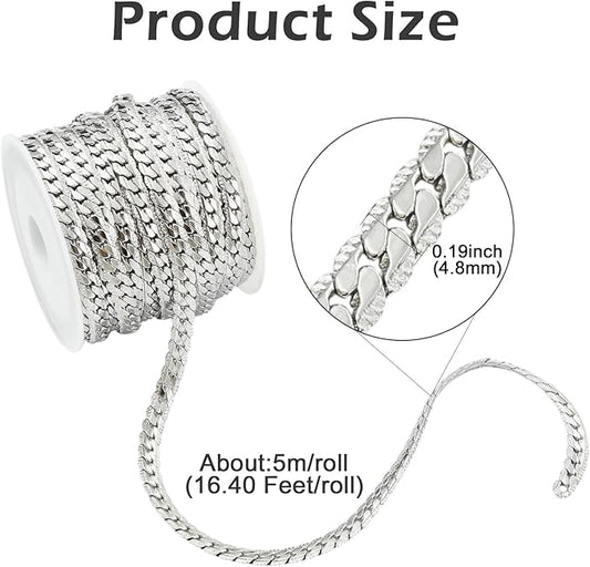 LiQunSweet 16.4 Feet(5m) 304 Stainless Steel Cuban Link Chains with Spools Unifished Cuban Chains for Men Women Unisex Jewelry Making Necklace Bracelet - 4.8x1.4mm
