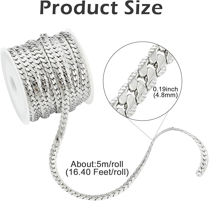 LiQunSweet 16.4 Feet(5m) 304 Stainless Steel Cuban Link Chains with Spools Unifished Cuban Chains for Men Women Unisex Jewelry Making Necklace Bracelet - 4.8x1.4mm