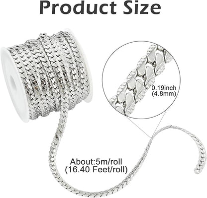 LiQunSweet 16.4 Feet(5m) 304 Stainless Steel Cuban Link Chains with Spools Unifished Cuban Chains for Men Women Unisex Jewelry Making Necklace Bracelet - 4.8x1.4mm