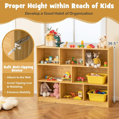 KOTEK Toy Storage Organizer, 8 Cubby Kids Bookshelf, Wooden 4-Tier Bookcase Storage Cabinet, Open Display Book Shelf for Daycare, Nursery, School Classroom, Living Room & Bedroom (Burlywood, 8 Cubes)