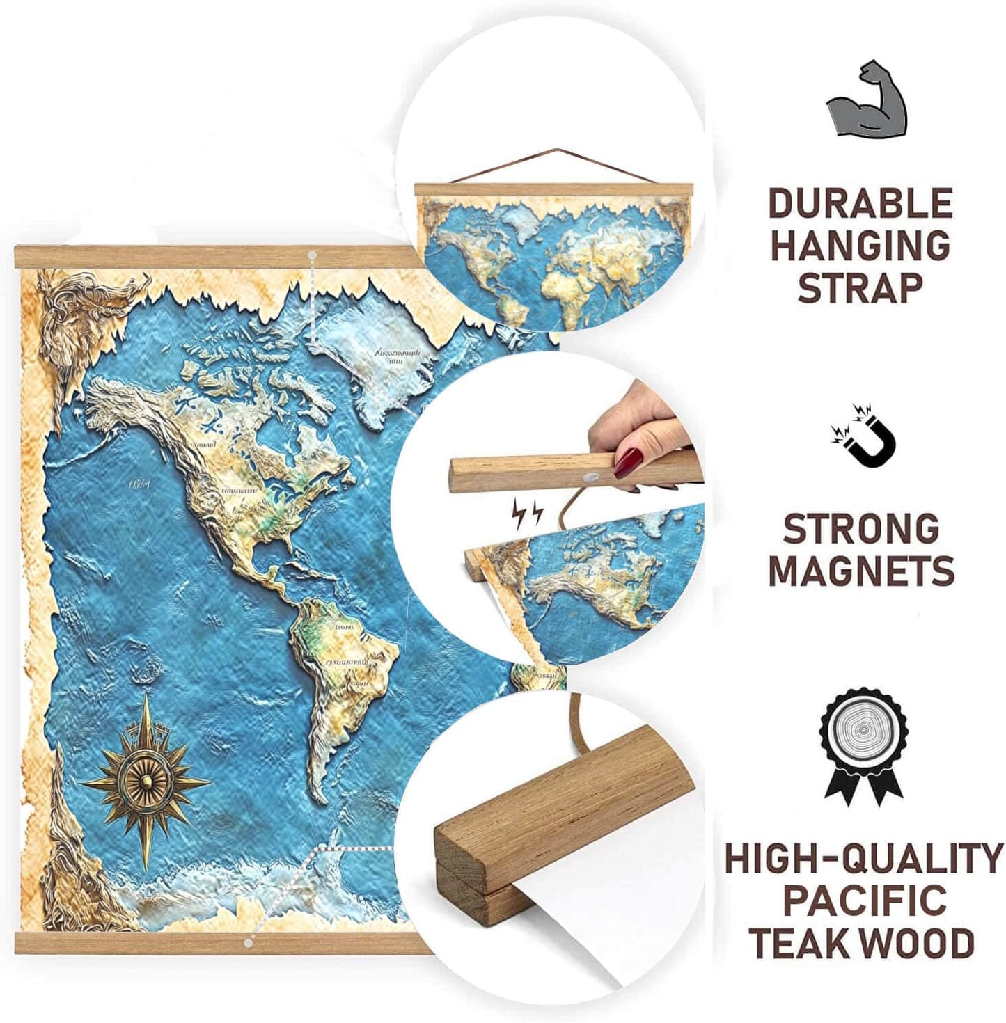 DACRI HOME 46" Magnetic Poster Hanger Frame - Sturdy Teak Wood Poster Frame, Strong Magnets for Easy Hanging Map Picture Canvas Print Scroll Wall Art (46 Inch, Natural Wood)