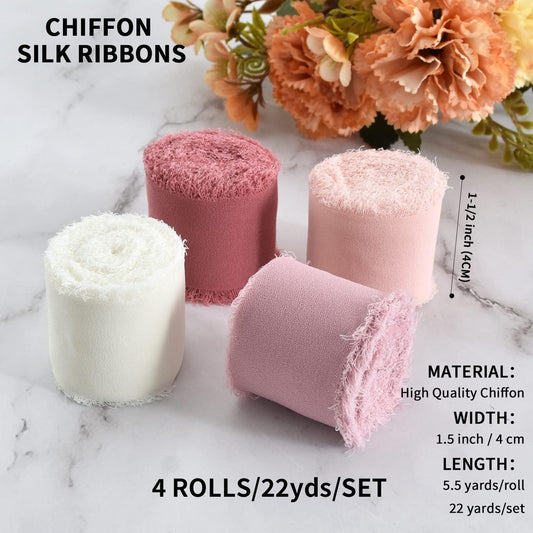 TONIFUL 4 Rolls Silk Chiffon Ribbon, 1-1/2 Inch x 22yds, Dusty Pink and Cream Chiffon Ribbons Set, Handmade Fringe Silk Ribbon for Gift Wrapping Bridal Bouquets Wedding Invitations Decoration Crafts