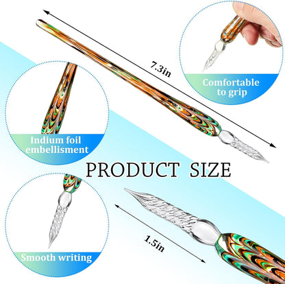 Zonon Glass Dipped Pen Ink Set 14 Pcs Include 6 Pcs Glass Dip Pen, 6 Colorful India Ink and 2 Holder Crystal Signature Calligraphy for Art, Writing, Signatures, Gift(Green Color System)