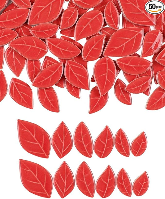 200g Mixed Sizes Leaves Mosaic Tiles for Craft Bulk, Small Ceramic DIY Stepping Stone Kit, Glazed Porcelain Tiles for Coasters Lamp Bathroom Decorations (Red)