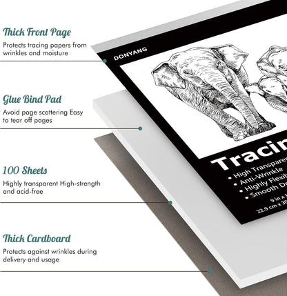 Tracing Paper 9"x12", 100 Sheets Transparent Vellum Paper for Tracing Pads, Christmas Birthday Gifts for Adults Teens, 25lb/41gsm Translucent Tracing Paper for Sketching, Drawing, Black