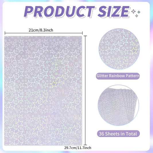 36 Sheets Holographic Sticker Paper,Holographic Laminate Sheets,A4 Size Clear Vinyl Sticker Sheets Self-Adhesive Rainbow Overlay Sheets,11.7 x 8.3 Inches(Five-Pointed Star)