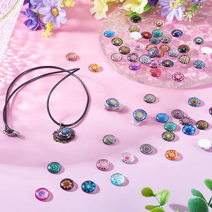 Craftora 100Pcs Flower Printed Glass Cabochons for Jewelry Making, Mixed Color Half Round Cameo Dome Tiles Kaleidoscope Picture Flatback Dome Cabochons for Photo Cameo Pendant Scrapbooking DIY Crafts