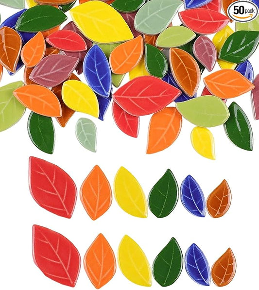 200g Mixed Sizes Leaves Mosaic Tiles for Craft Bulk, Small Ceramic DIY Stepping Stone Kit, Glazed Porcelain Tiles for Coasters Lamp Bathroom Decorations (Mixed)
