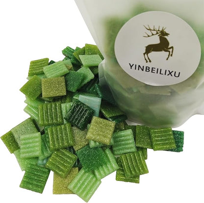 Mosaic Tiles, Bulk Glass Mosaic Pieces, 2x2cm Wavy Square Tiles, Mosaic Kits for Adults, Glass Mosaic Tiles forCrafts DIY Art, Frames, Vases Filler, Home Decor, 410g/14.5oz (Green)