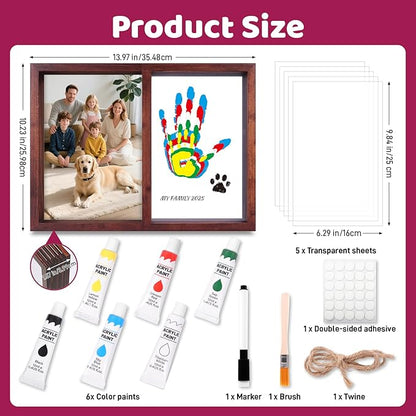 Family Handprint Kit, DIY Baby Hand and Footprint Handmade Keepsake Wooden Frame with 6 Non-Toxic Baby-Safe Paint, Family Gifts Ideas Gift for New Parents, Grandparents, Father's Day, Mother's Day