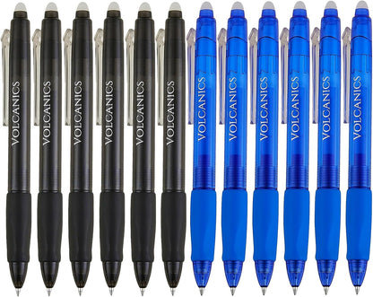 Volcanics Retractable Clicker Erasable Gel Pens - 0.7mm Ball Point, Heat Erase with Built-in Eraser, 12 Pack Black and Blue
