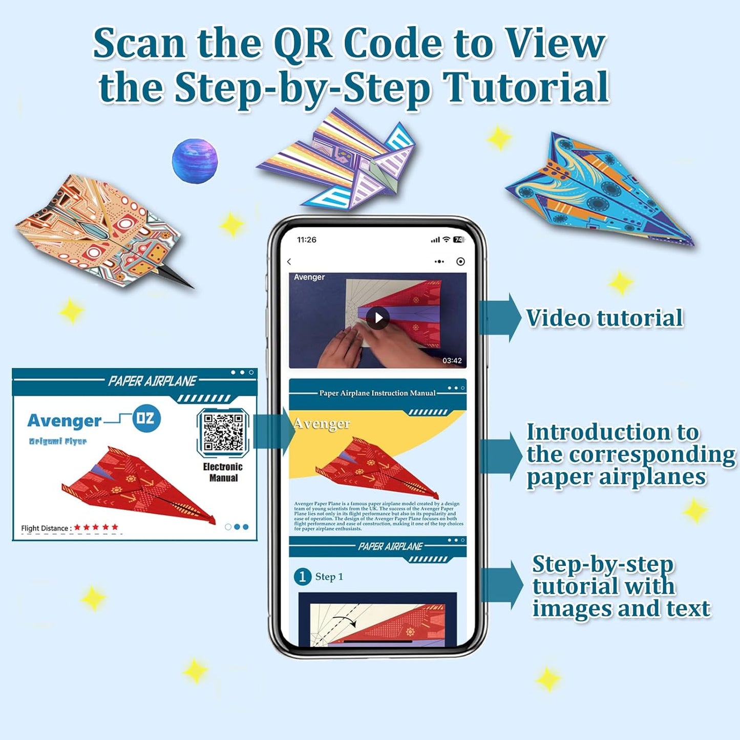Paper Airplane Kits with 16 Classic Designs, 32 Sheets of Colorful Origami Paper, World Record Paper Planes, Airplane Gifts for Boys and Girls Ages 6-12+ (Digital Manual Only, Fun and Easy to Fold) - Crafty Corner