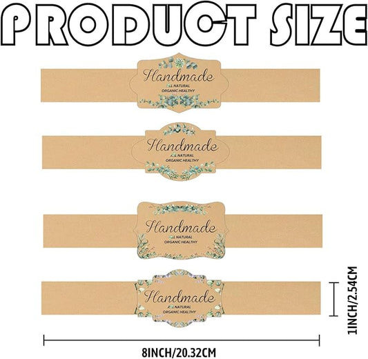 120Pcs Eucalyptus Leaves Soap Wrapper 8 Style Flower Wrap Tape for Homemade Soap - Kraft Paper Vertical Tag Soaps Sleeves Covers for Christmas Homemade Soaps Packaging Supplies (Kraft with Words)