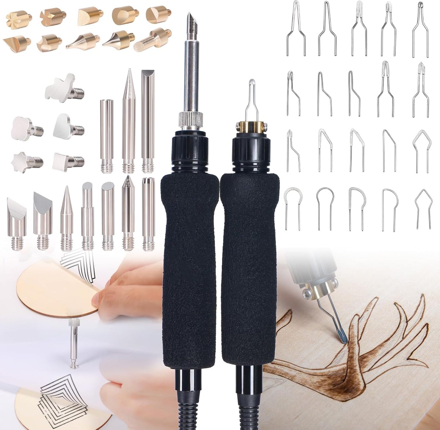 YIHUA 939D-II Pyrography Pen Wood Burning Kit Station 2-in-1 Solid-Point 200~480°C (with Temp Display)/Wire-Nib 250~750°C with 20 Nibs, Solid Points, 1 Stable Pen Holder, 2 Scrap Wood (Blue) - Crafty Corner