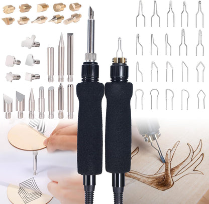 YIHUA 939D-II Pyrography Pen Wood Burning Kit Station 2-in-1 Solid-Point 200~480°C (with Temp Display)/Wire-Nib 250~750°C with 20 Nibs, Solid Points, 1 Stable Pen Holder, 2 Scrap Wood (Blue) - Crafty Corner