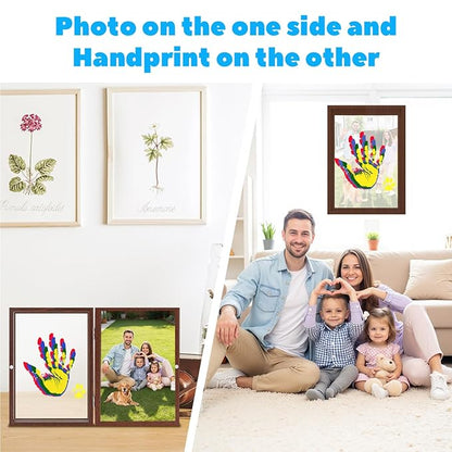 Family Handprint Kit - DIY Baby Hand and Footprint Keepsake with Wooden Frame, 6 Non-Toxic Washable Paints | Unique Gift for New Parents, Mother's Day, Father's Day, Anniversary Gift Idea (Brown)