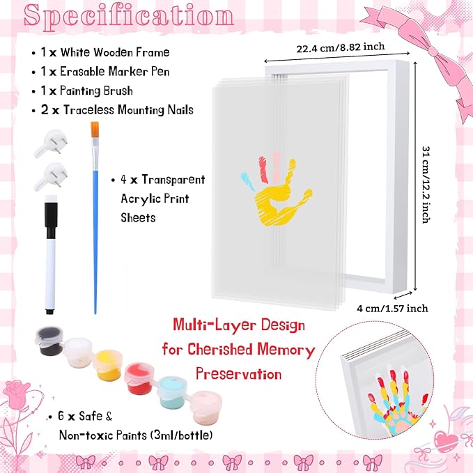 DIY Hand Footprint Art Craft Kit for New Parents Wooden Frame Family Handprint Kit with 6 Baby Safe Colors Paints Family Hands Down Keepsake Gifts for Mother's Day Father's Day Home Handprint Decor