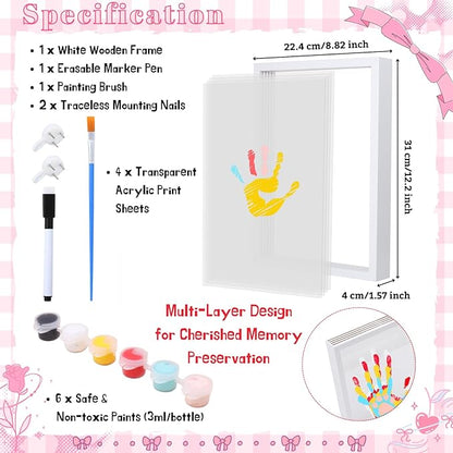 DIY Hand Footprint Art Craft Kit for New Parents Wooden Frame Family Handprint Kit with 6 Baby Safe Colors Paints Family Hands Down Keepsake Gifts for Mother's Day Father's Day Home Handprint Decor