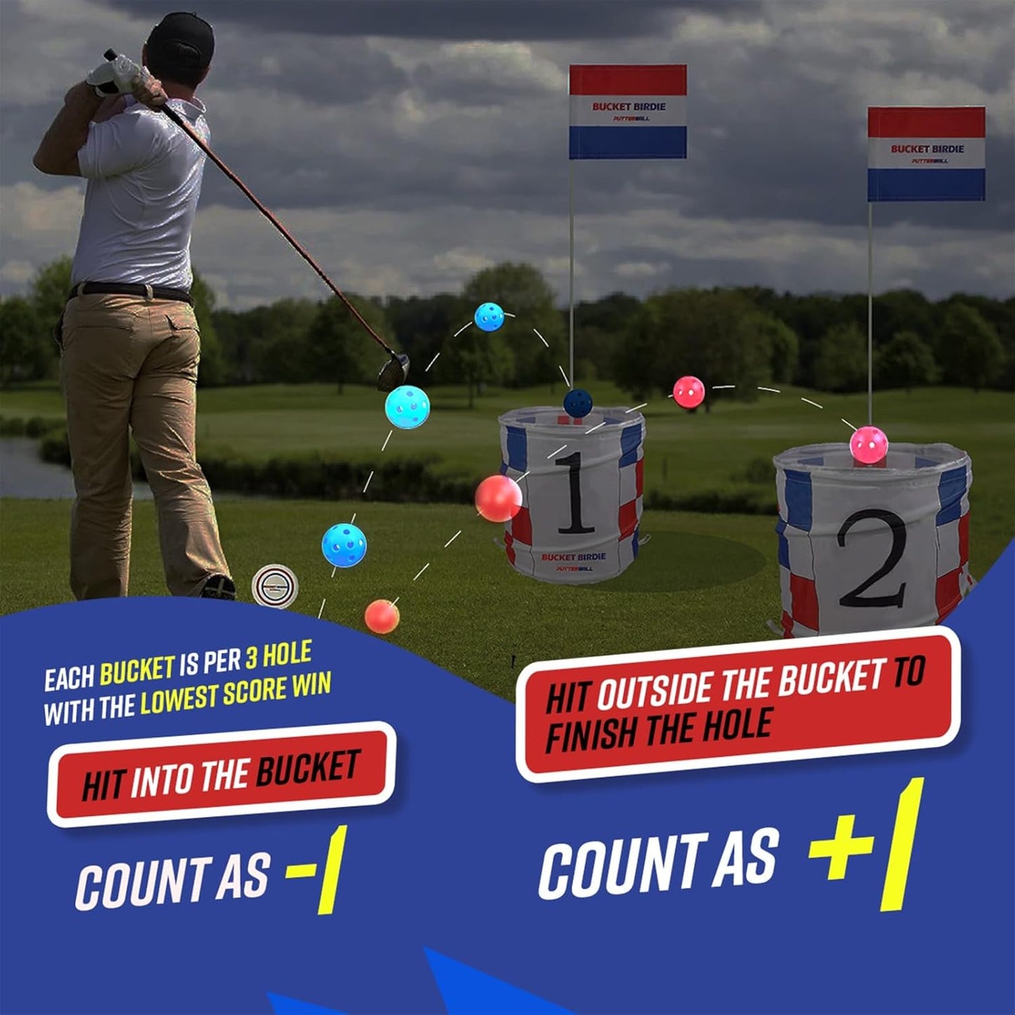 Bucket Birdie Backyard Golf Game — 6 Hole Yard Game with Adjustable Clubs, Flags, Balls, Turf Mats, and Carry Bag — Outdoor Golf Bucket for Adults and Kids