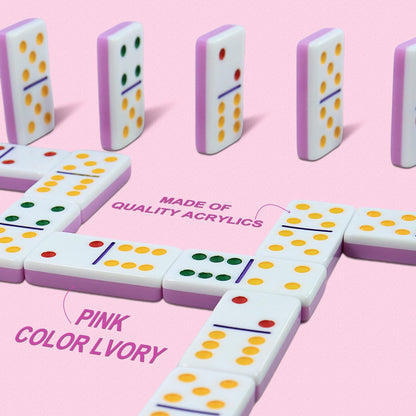 IDTQ Dominoes Set for Adults, Double 6 Dominos Game Set with 28 Domino Tiles Double with Upscale Gift Boxes -7 Polyhedral Dice -Classic Board Games (Pink)