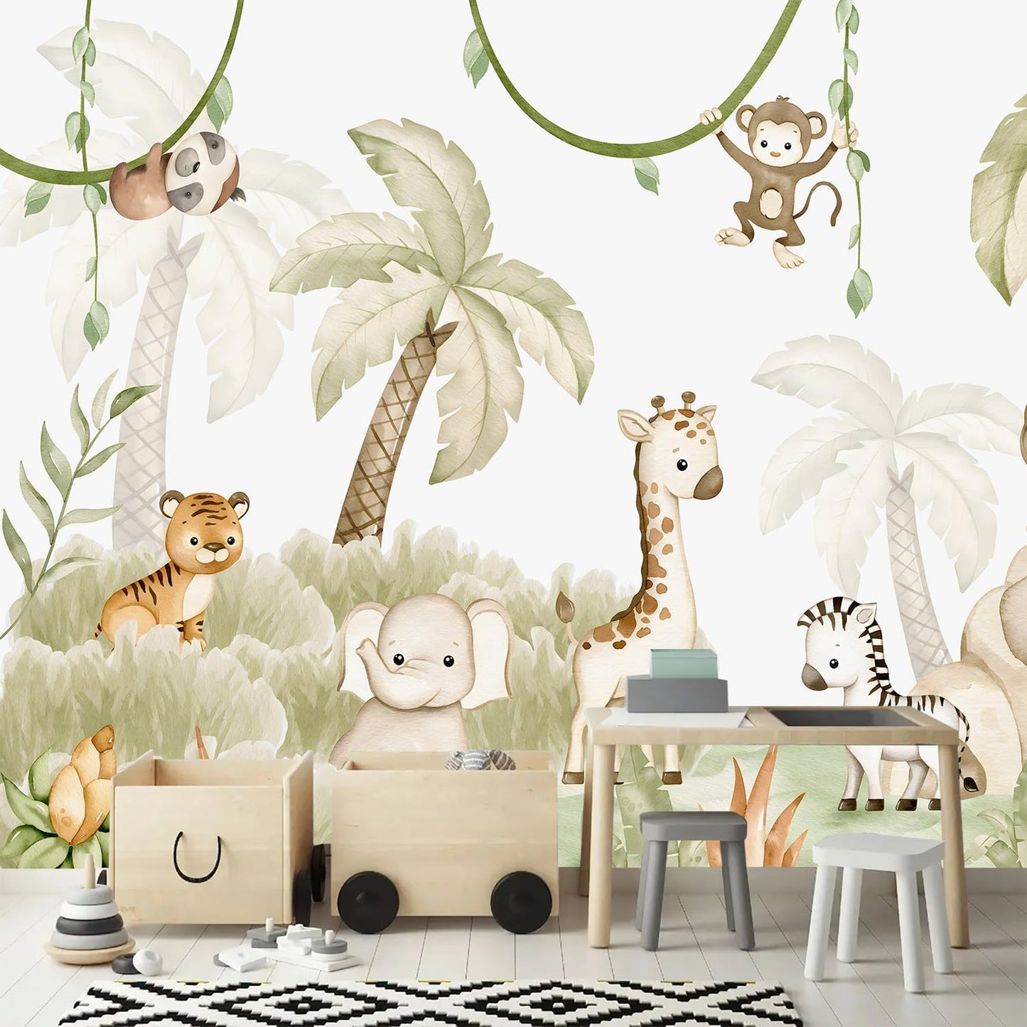 AFZEVEB-Safari Wallpaper Watercolor Animal Nursery Wall murals for Kids Room 182"x120"(Not Peel and Stick)