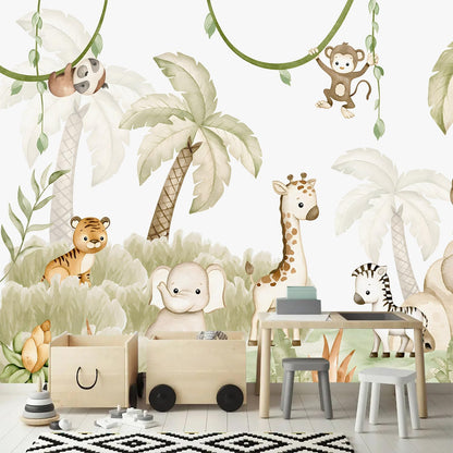 AFZEVEB-Safari Wallpaper Watercolor Animal Nursery Wall murals for Kids Room 182"x120"(Not Peel and Stick)