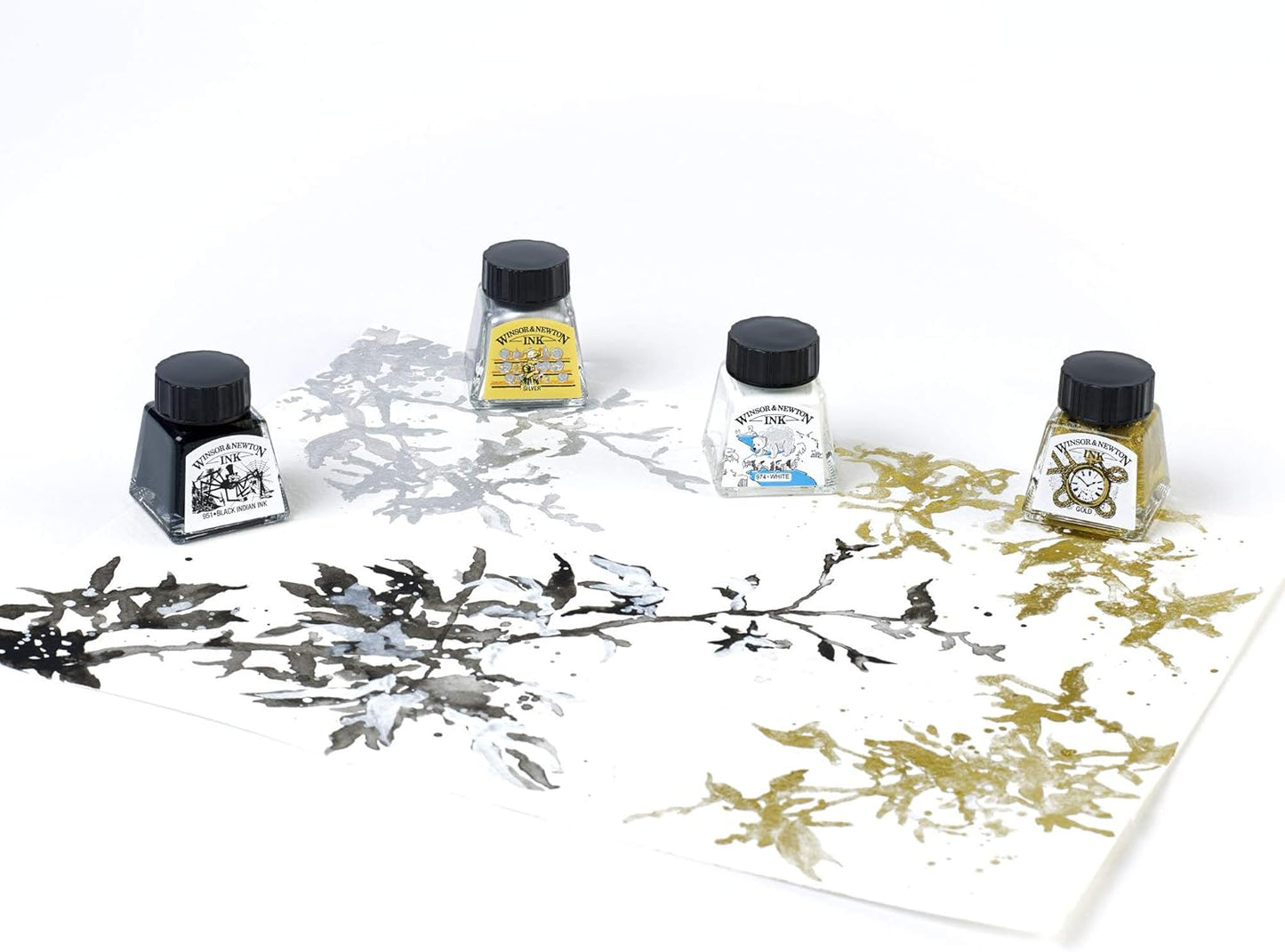 Winsor & Newton Collection Drawing Ink Set, Set of 4, Black, White, Metallic Tones - Crafty Corner