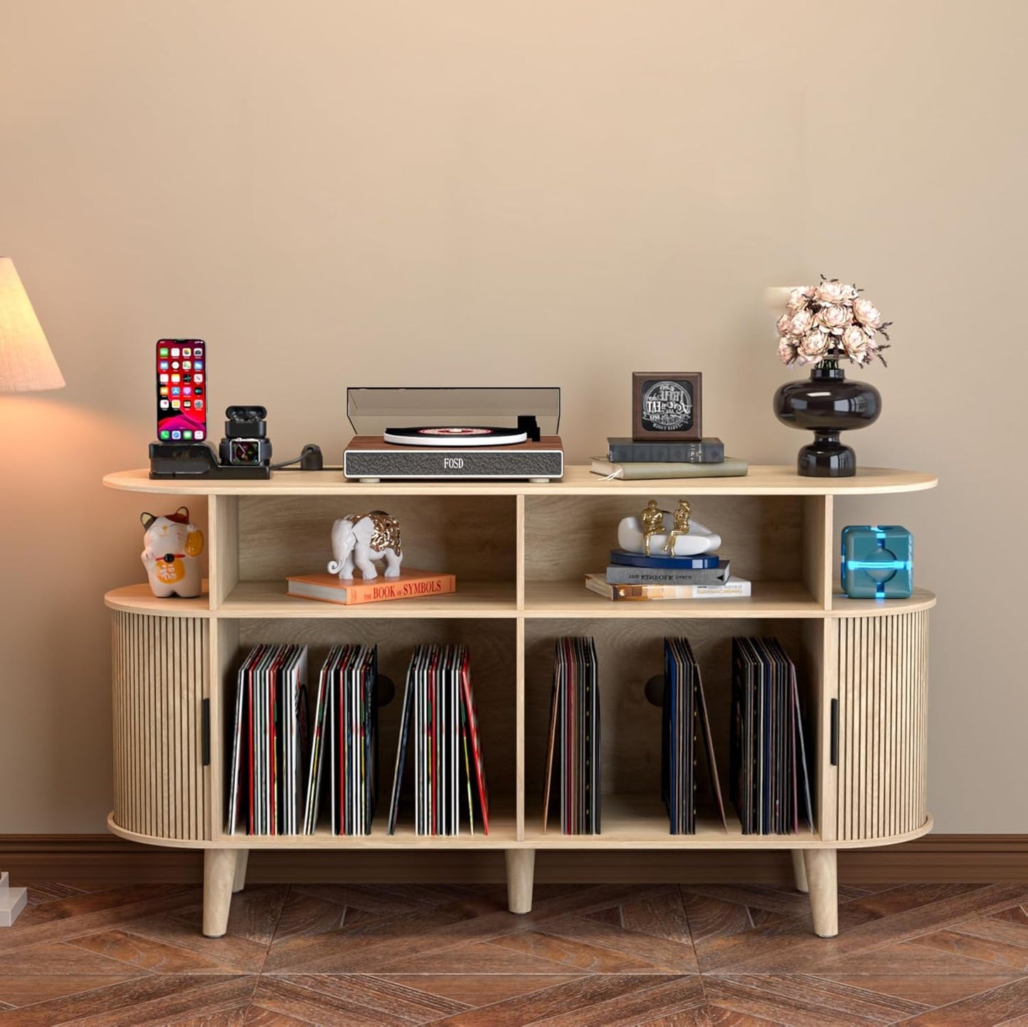 Large Round Record Player Stand with Charging Station & USB Ports，Record Storage Cabinet, Mid Century Modern Turntable Stand for Bedroom Living Room (Oak)