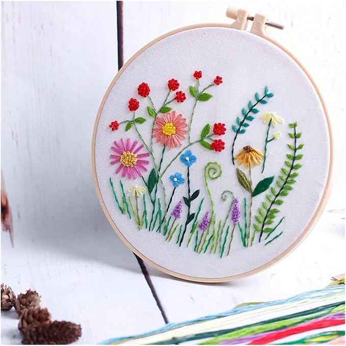 Act Iron Embroidery Starter Kit Full Range of Starter Including Instructions Stamped Cloth with Pattern Hoop Color Threads and Tools Crafts for Adults(Flowers 2)
