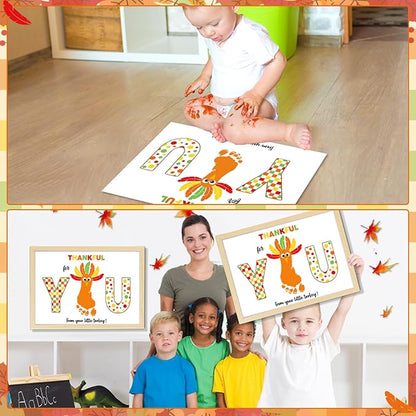 Thanksgiving Turkey Footprint Art Craft DIY Kit Polka Dots Fall Thanksgiving Gifts Thankful for You Little Turkey Footprint Keepsake with Wood Frame for Mom Dad Friend Holiday Activities 12x16 Inch