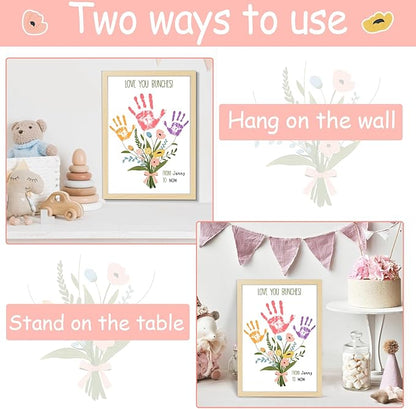 QOUBAI Colorful Flower Bouquet Handprint Art Craft DIY Kit Mother's Day Gifts From Daughter or Son Fun Family Handprint Keepsake with Wood Frame for Mom Grandma Birthday Christmas 12x16 Inch