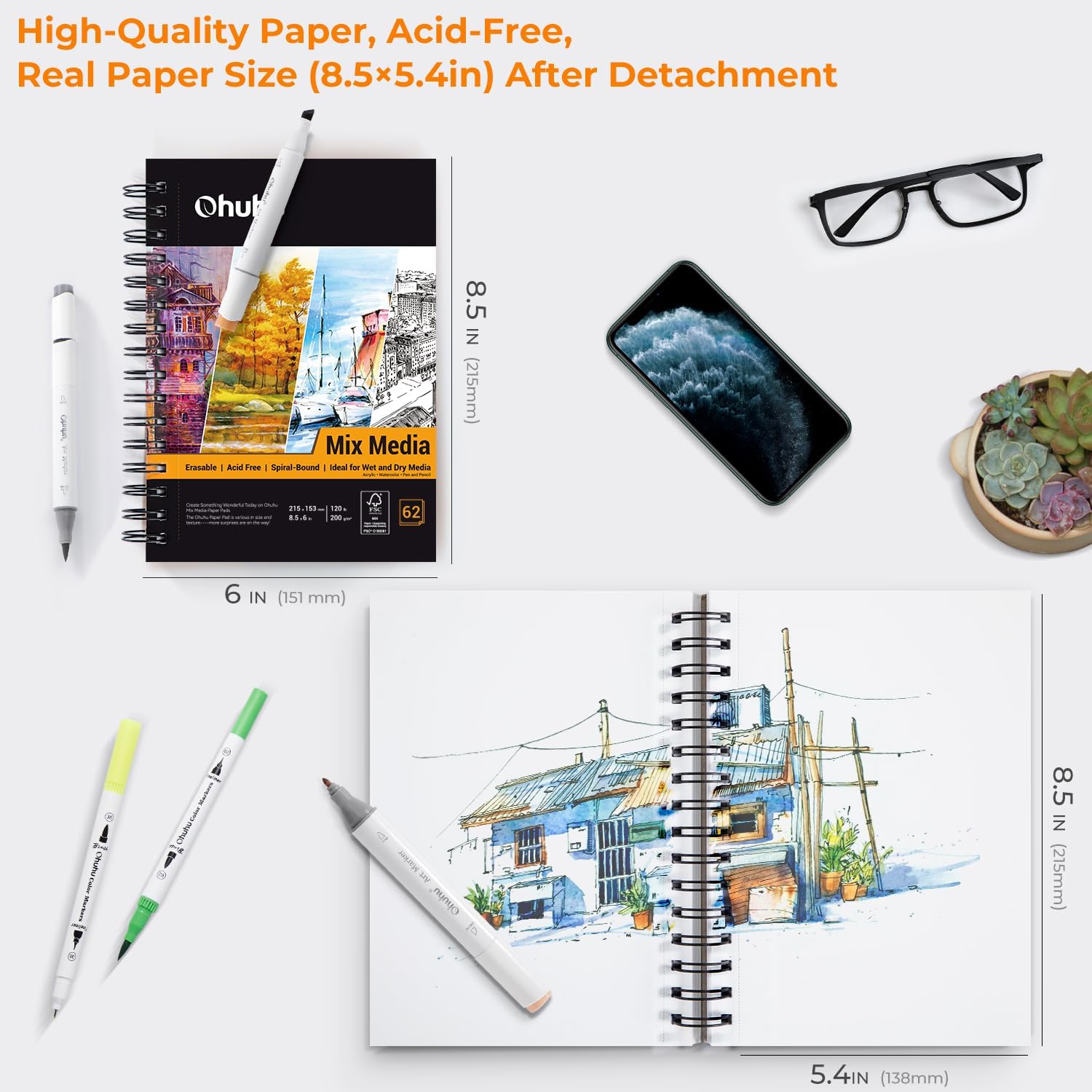 Mix Media Pad, Ohuhu Mixed Media Art Sketchbook, 120 LB/200 GSM Heavyweight Papers, 62 Sheets/124 Pages, Spiral Bound Mixed Media Paper Pad for Christmas Gift (8.5x6 in) - Crafty Corner