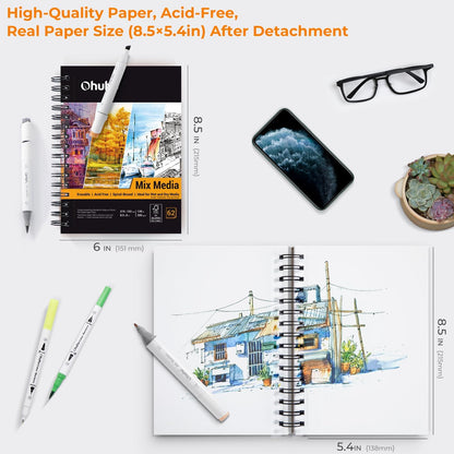 Mix Media Pad, Ohuhu Mixed Media Art Sketchbook, 120 LB/200 GSM Heavyweight Papers, 62 Sheets/124 Pages, Spiral Bound Mixed Media Paper Pad for Christmas Gift (8.5x6 in) - Crafty Corner