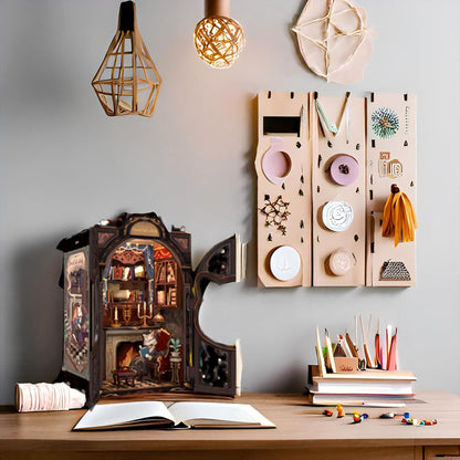 Fsolis Book Nook Kit DIY Scene Miniature Dollhouse Kit, 3D Puzzles for Adults, 108 Wooden Pieces, Bookshelf Decor Tiny House Mini Booknook Craft, Gift for Women Scale Model Lovers (Count Cat's Study)