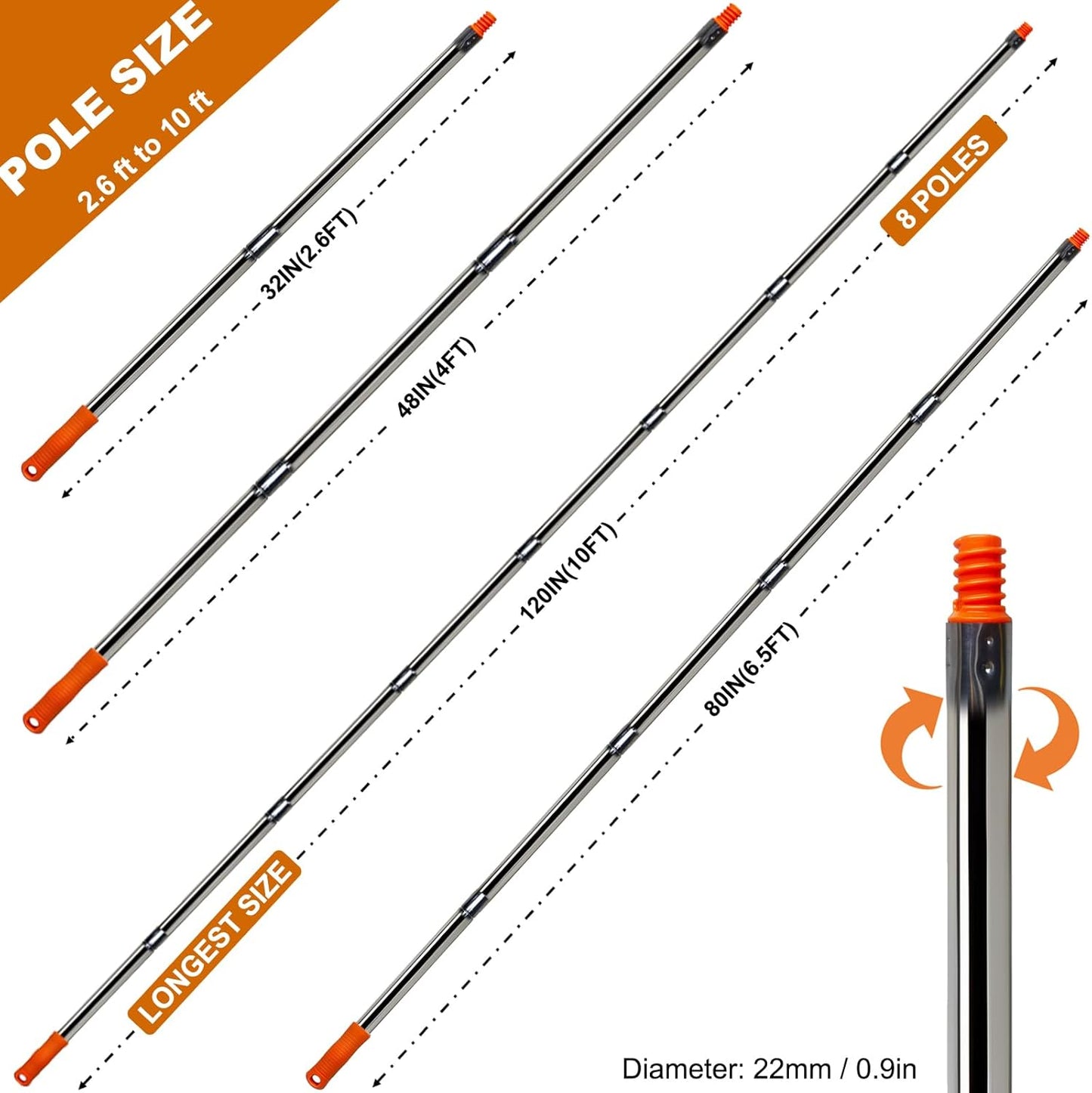 8 PCS Total 10 Ft Extension Pole, Paint Roller Stainless-Steel Threaded Splicing Extension Poles for Hand Drywall Sander Wall Cleaning and Polishing Paint Roller Brushes