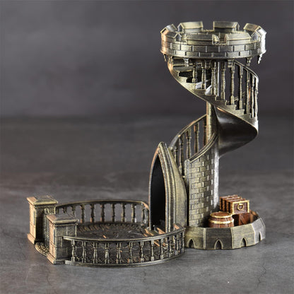 AUSPDICE DND Dice Tower Castle and Tray Retro Dice Rolling Tower for Dungeons and Dragons RPG Tabletop Games (Brushed Brass Color)