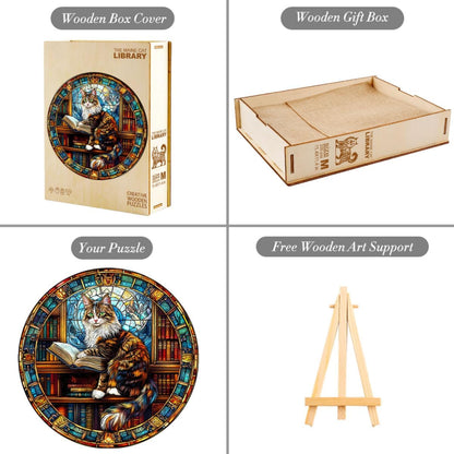 Wooden Puzzles Adults, Maine Cat Library Wooden Puzzles 100 Pieces, Unique Animal Shaped Wood Challenging Jigsaw Puzzles Gifts for Adults, 8.5x8.5in
