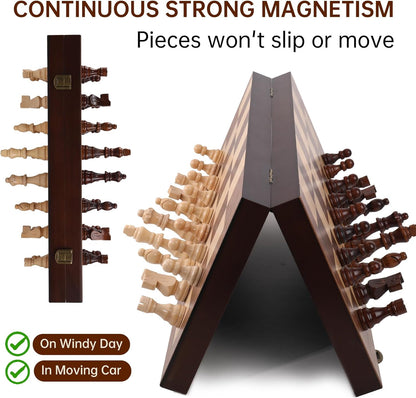 Premium Wooden Chess Set with Protective Carry Bag - 15" Folding Chess Board & Chess Pieces - Classic Strategy Game for Adults & Kids for Chess Lovers, Beginners