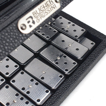 Bucher&Rossini Metal Surface Dominoes Set Double 6 - Classic Black Domino's Game Set with Silver Metal Surface for Adults and Kids Ideal Gift for Domino Players or Family Game Night