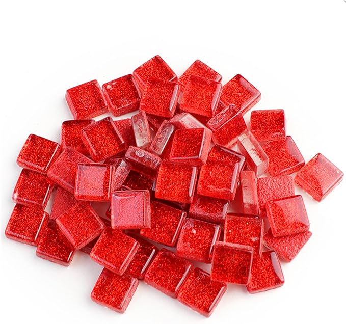 Mosaic Tiles,Glass Tiles, Shine Crystal Mosaic Glass Pieces Bulk Square Glitter Crystal Mosaic Tiles for Home Decoration or DIY Crafts 200g,1x1 cm,Red