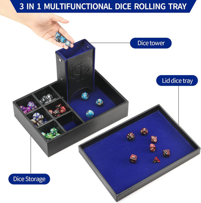 3 in 1 Dice Tray with Lid, Portable Dice Box Storage for DND, Dungeons and Dragons, D&D, MTG & RPG Games - Blue