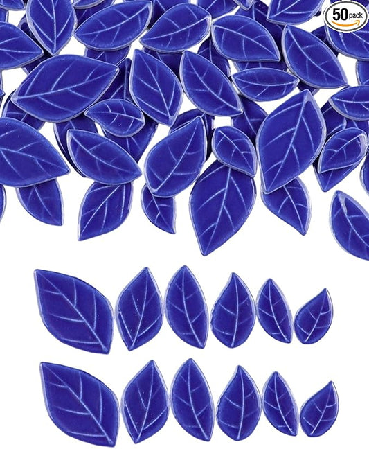 200g Mixed Sizes Leaves Mosaic Tiles for Craft Bulk, Small Ceramic DIY Stepping Stone Kit, Glazed Porcelain Tiles for Coasters Lamp Bathroom Decorations (Blue)
