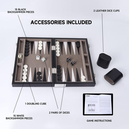 GSE Games & Sports Expert Premium Leather Backgammon Board Game Set, Classic Backgammon Game Set with Leather Case, Travel Folding Board Game (Black&Grey, Small)