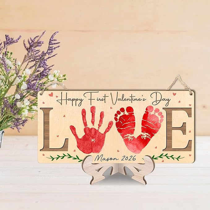 Love Happy First Valentine's Day Wooden Sign, DIY Baby's First Valentine Footprint Handprint Sign, Milestone Art Craft, 1st Valentines Keepsake, Gifts for New Mom, Dad, Newborn Baby Kid Toddler