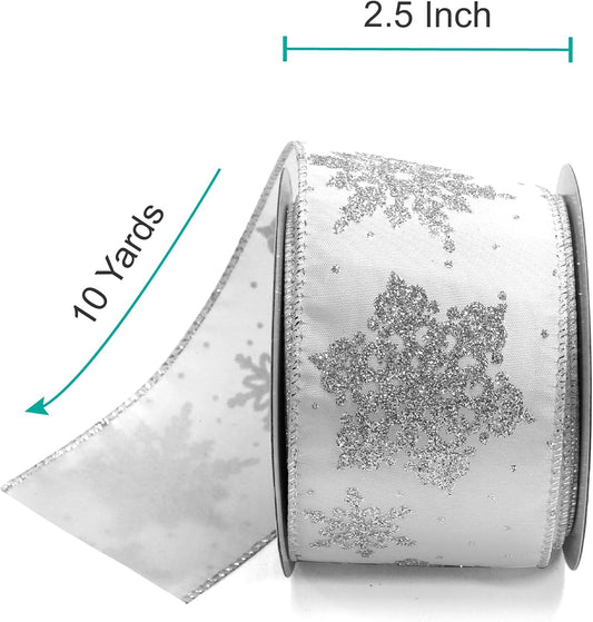 CT CRAFT LLC White Satin with Silver Snowflake Wired Ribbon 2.5 Inch x 10 Yards for Christmas Home Decor Tree Topper Bow Gift Wrapping DIY Crafts Wreath Garland - Crafty Corner