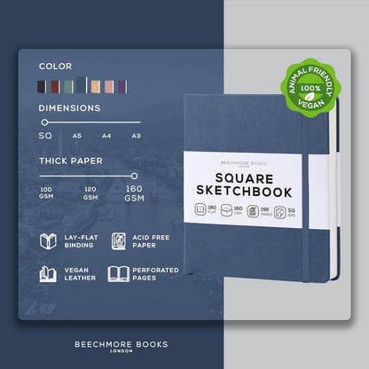 Beechmore Books Square Sketchbook – 8x8 Premium Vegan Leather Bound Large Sketch Book Hardcover with 156 Thick 160gsm Perforated Ivory Pages, Blank Sketch Pad, Gift Boxed Back Pocket, Ribbon Bookmark
