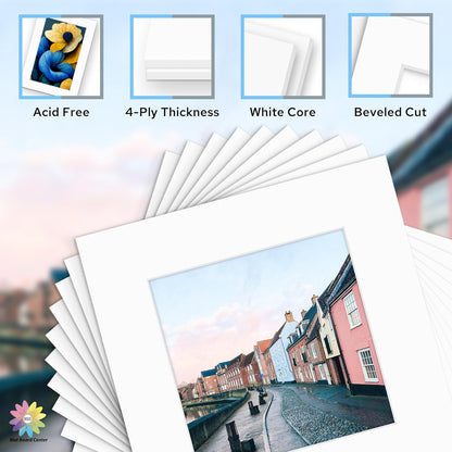 Mat Board Center, Pack of 10, 12x12 for 8x8 White Mat Kit - Acid Free, 4-ply Thickness, White Core - Includes Backing Boards and Clear Bags - for Pictures, Photos, Framing