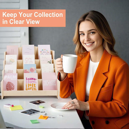 4-Tier Wooden Greeting Card Display Stand, Sticker Organizer Rack, Retail Counter Holder for Postcards and Photos& Stationery Vendors (Burlywood)