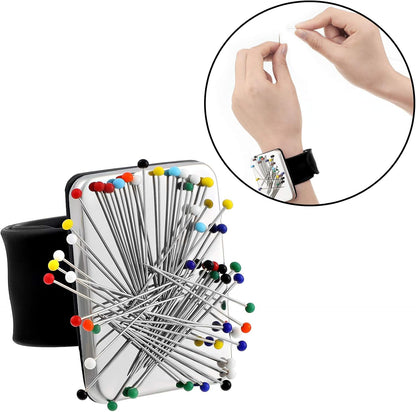 Magnetic Wrist Sewing Pincushion with 100 Pieces 1.5 Inch Ball Head Sewing Pins Set Wrist Magnetic Pin Holder Gift Supplies(Black)